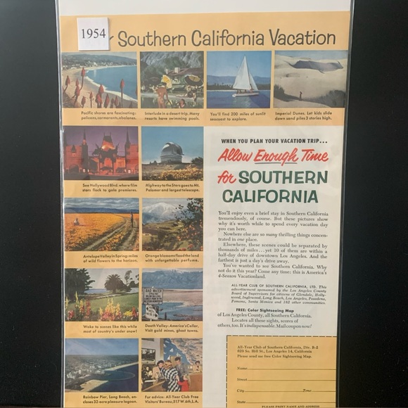 Vintage 1954 Southern California Vacation Allow Enough Time Ad Advertisement - Picture 1 of 2